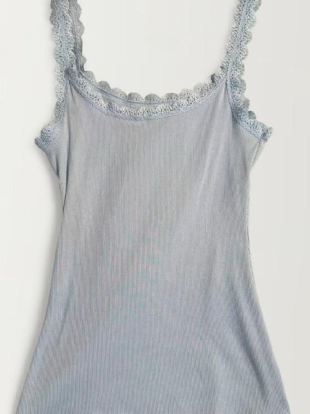 Baby blue cotton cami tank top with lace trim